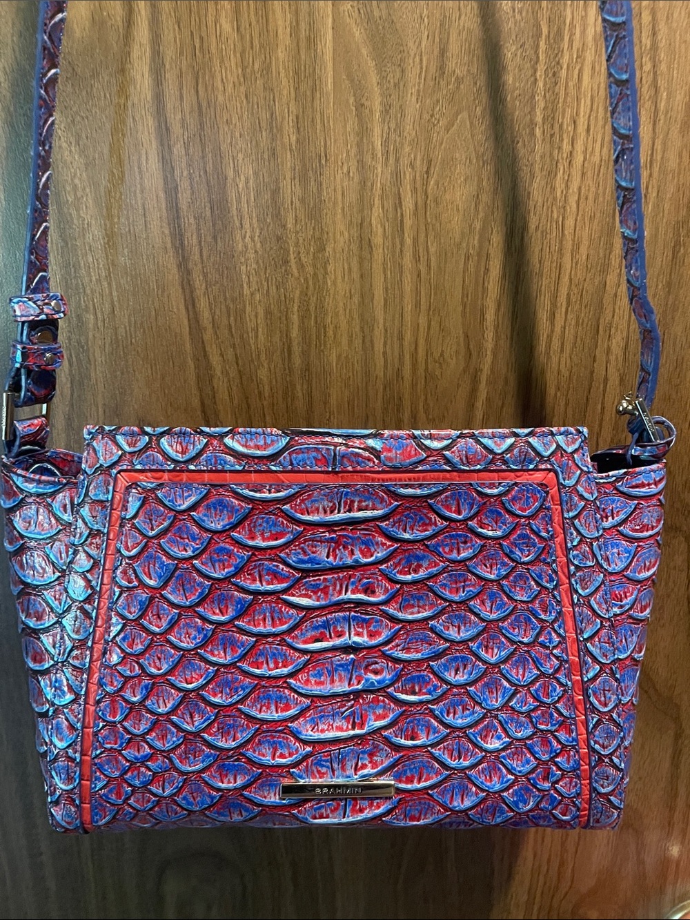 Brahmin Red and Blue Textured Crossbody with Sculpted Pattern